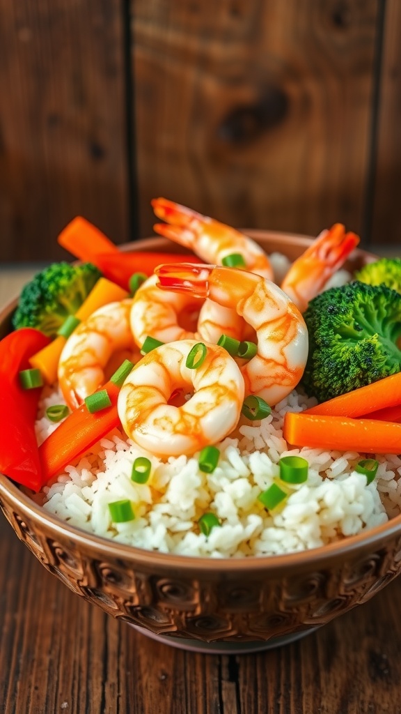 A delicious shrimp rice bowl with shrimp, rice, broccoli, bell pepper, and carrot, garnished with green onions, on a wooden table.